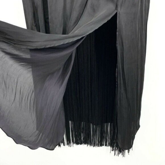 Massimo Dutti Maxi Dress Black Satin Sleeveless Tie Neck Fringe Slit - Picture 7 of 10